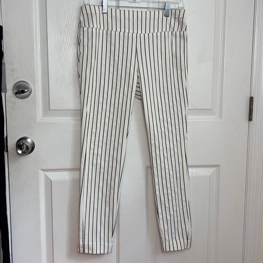 New York & Company White Ankle Pants with Black Pinstripes